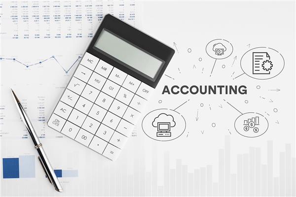 پوستر دیواری حسابداری شرکتی با داده های مالی و طراحی ماشین حساب