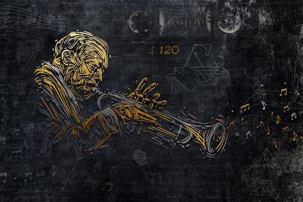 پوستر دیواری سه بعدی موسیقی ترومپت با طراحی مشکی طلایی لاکچری