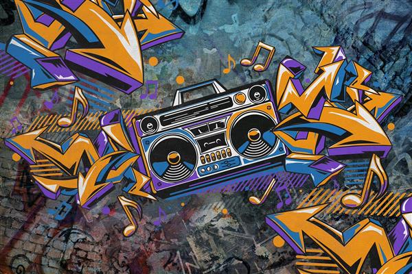 پوستر دیواری سازهای موسیقی ضبط موسیقی با زمینه گرافیتی با رنگ بندی جذاب