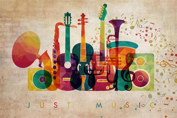 پوستر دیواری سازهای مختلف موسیقی با زمینه وینتج و کرمی