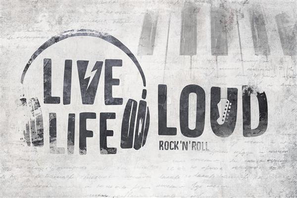 پوستر دیواری هدفون و موسیقی با نوشته مرتبط زمینه طوسی