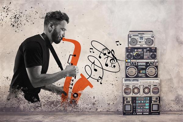 طرح پوستر دیواری سه بعدی ترامپت موسیقی فانتزی با زمینه سیمانی