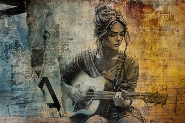 پوستر دیواری موسیقی سه بعدی و گیتار با زمینه گرانچ وگرافیتی