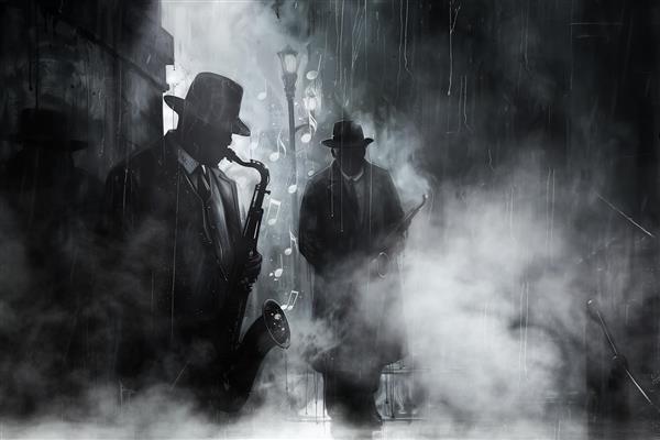 پوستر دیواری موسیقی سه بعدی و موزیک با زمینه کوچه و مردی در حال نواختن ترامپت