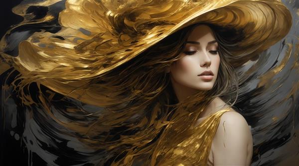 عکس پرتره زن با کلاه بزرگ طلایی و موهای موج‌دار قهوه‌ای و لباس طلایی
