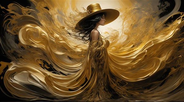 تصویر زن با کلاه طلایی و موهای تیره با پس زمینه طلایی