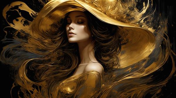 عکس پرتره زن با کلاه بزرگ طلایی و موهای موج‌دار قهوه‌ای بسیار زیبا