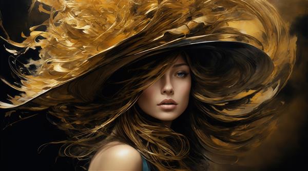 عکس پرتره زن با کلاه بزرگ طلایی و موهای موج‌دار قهوه‌ای