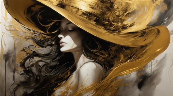 تصویر زن با کلاه طلایی بزرگ و موهای بلند تیره برای اتاق نشیمن