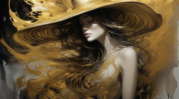 طرح زن با کلاه بزرگ طلایی و موهای تیره با پس زمینه انتزاعی