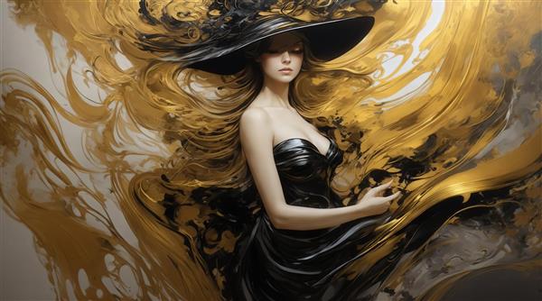 عکس زن با لباس مشکی و کلاه مشکی با موهای طلایی در باد