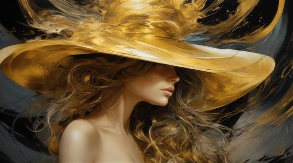 تصویر زن با کلاه بزرگ طلایی و موهای بلوند مواج برای پرده چاپی