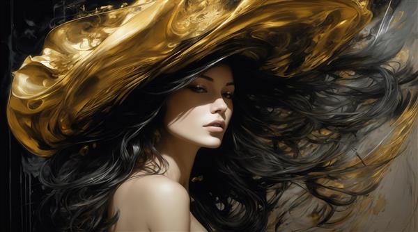 طرح پرتره زن با موهای مشکی و موج طلایی برای چاپ روی روتختی