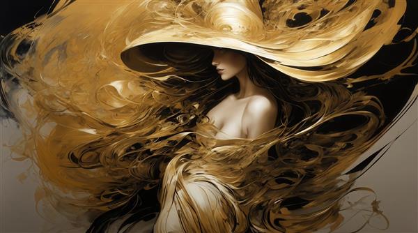 عکس زن با کلاه طلایی بزرگ و لباس طلایی انتزاعی برای تابلو لوکس