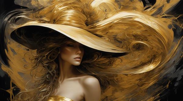 تصویر زن با کلاه طلایی بزرگ و موهای بلند تیره برای پوستر دیواری