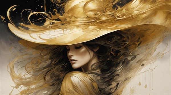 طرح زن با کلاه طلایی و موهای تیره با پس‌زمینه انتزاعی لوکس