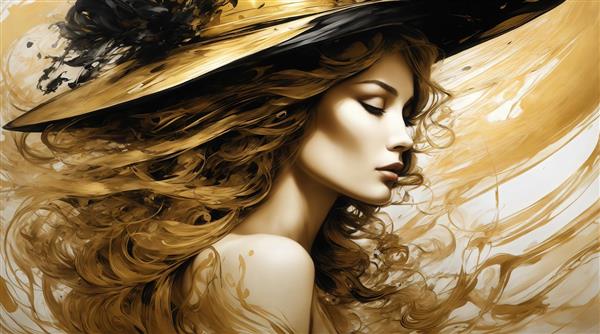 عکس زن با موهای بلوند و کلاه مشکی و طلایی برای تابلو دکوراتیو