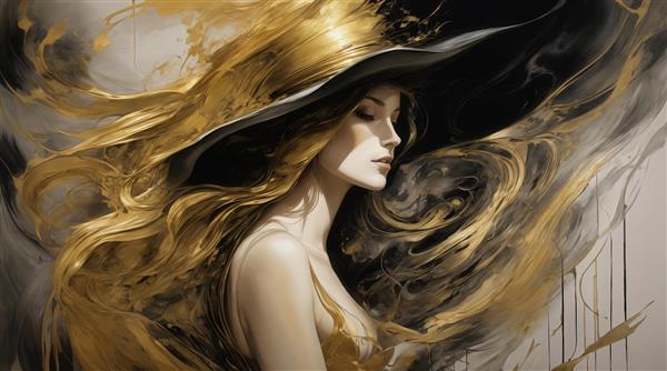 تصویر زن با کلاه مشکی و موهای بلند بلوند برای دکوراسیون نشیمن