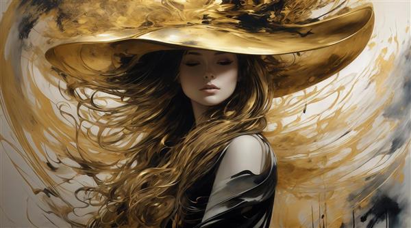 طرح پرتره زن با کلاه طلایی بزرگ و موهای بلند قهوه‌ای برای چاپ