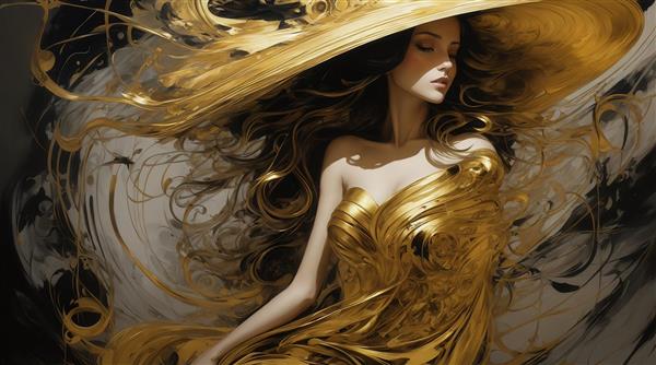 عکس زن با لباس طلایی و کلاه بزرگ طلایی برای تابلو لوکس دیواری