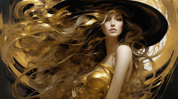 تصویر زن با کلاه بزرگ مشکی و لباس طلایی با موهای بلوند