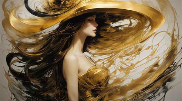 طرح زن با لباس طلایی و کلاه بزرگ با موهای مواج تیره برای چاپ