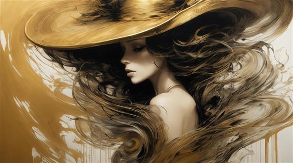 عکس زن با کلاه بزرگ طلایی و موهای بلند بلوند برای پوستر دکوراتیو