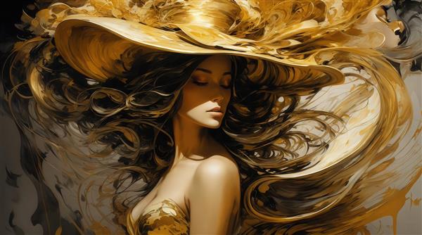 تصویر زن با کلاه بزرگ طلایی و موهای مواج تیره برای تابلو مدرن