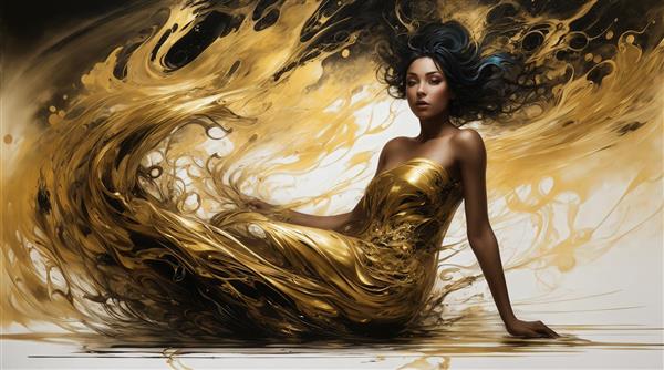 طرح زن نشسته با لباس طلایی مایع و موهای تیره برای چاپ روتختی