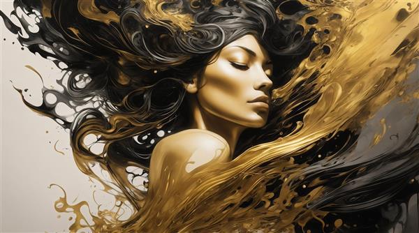 تصویر پرتره زن با موهای سیاه و طلایی انتزاعی برای پوستر دیواری