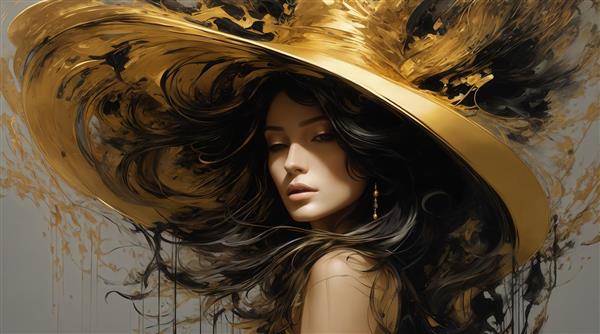 طرح زن با کلاه بزرگ طلایی و موهای مشکی مجعد برای چاپ روی پارچه