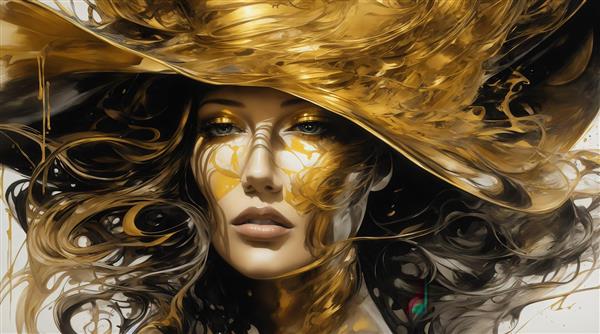 عکس پرتره زن با آرایش طلایی و کلاه بزرگ برای دکوراسیون لوکس
