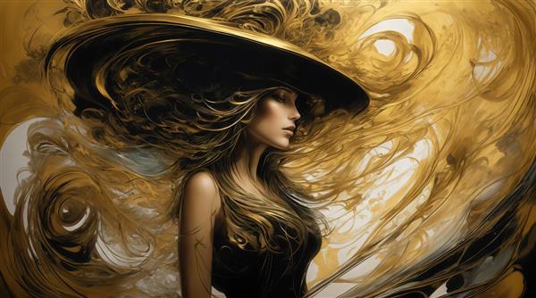 تصویر زن با کلاه بزرگ مشکی و موهای طلایی روان برای تابلو مدرن