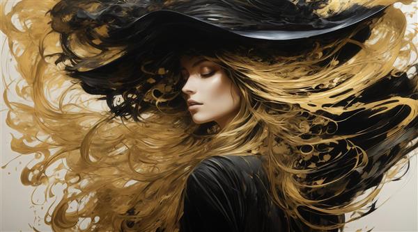طرح زن با کلاه مشکی و موهای بلند طلایی برای چاپ روی پرده