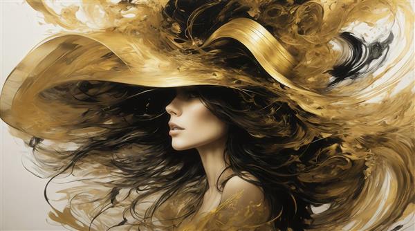 عکس پرتره زن با کلاه بزرگ طلایی و موهای بلند تیره برای پوستر