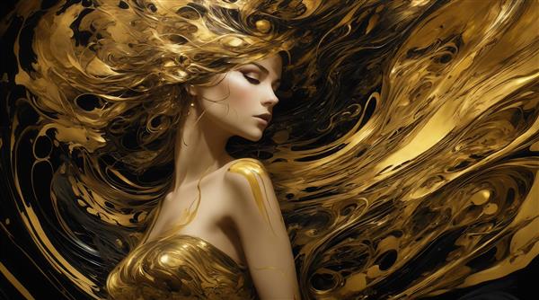 تصویر زن با لباس طلایی و موهای بلند روان در پس زمینه تیره