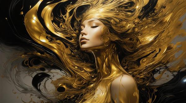 عکس زن با موهای طلایی روان و بدن طلایی برای تابلو دکوراتیو لوکس