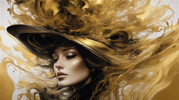 تصویر زن با کلاه بزرگ طلایی و موهای مواج برای چاپ روی پرده