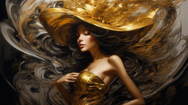 طرح زن با کلاه بزرگ طلایی و لباس براق برای پوستر دیواری مدرن