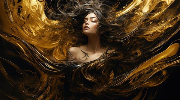 تصویر زن در میان موج‌های طلایی و سیاه انتزاعی برای چاپ بوم