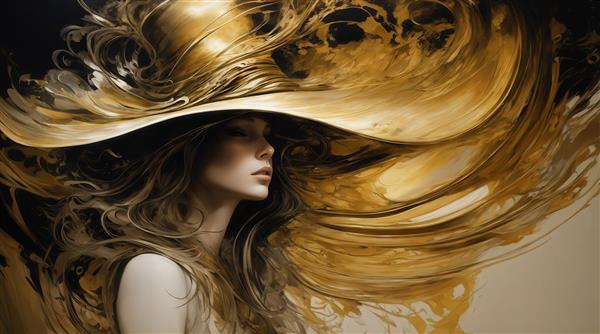 عکس زن با کلاه طلایی و موهای بلند مواج برای تابلو دکوراتیو