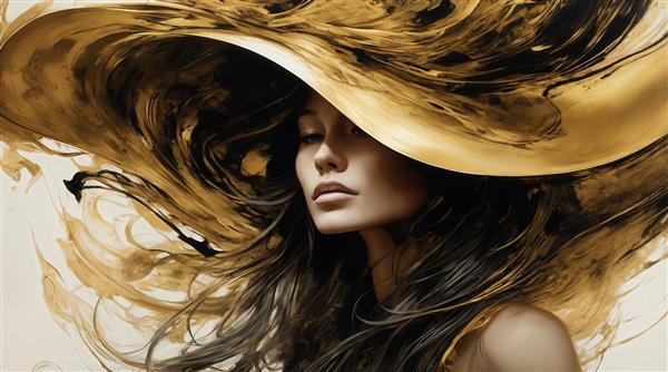 طرح پرتره زن با کلاه طلایی بزرگ و موهای بلند باکیفیت بالا