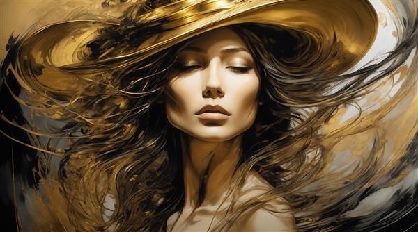 تصویر زن با کلاه بزرگ طلایی و موهای مجعد برای چاپ روی پرده