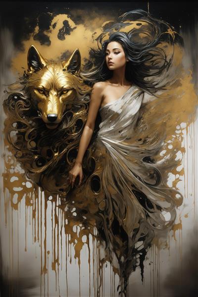 عکس زن و گرگ طلایی انتزاعی برای پوستر دیواری با تم لوکس و مدرن
