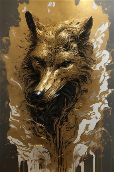 تصویر سر گرگ طلایی با پاشش رنگ سیاه و سفید برای تابلو مدرن