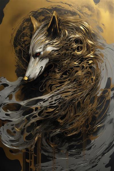 طرح انتزاعی سر گرگ سفید و طلایی با یال‌های بلند برای پوستر