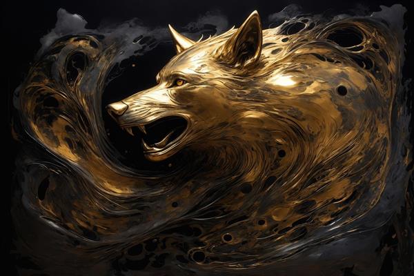 عکس سر گرگ خشمگین طلایی در موج‌های سیاه و فانتزی برای چاپ