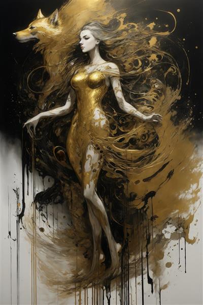 طرح زن در حال رقص با لباس طلایی و گرگ برای تابلو دکوراتیو