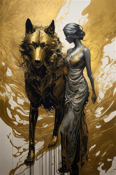 تصویر زن ایستاده و گرگ بزرگ طلایی و نقره‌ای برای چاپ روی بوم