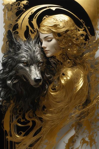 طرح زن بلوند و گرگ خاکستری طلایی برای پوستر دیواری اتاق خواب